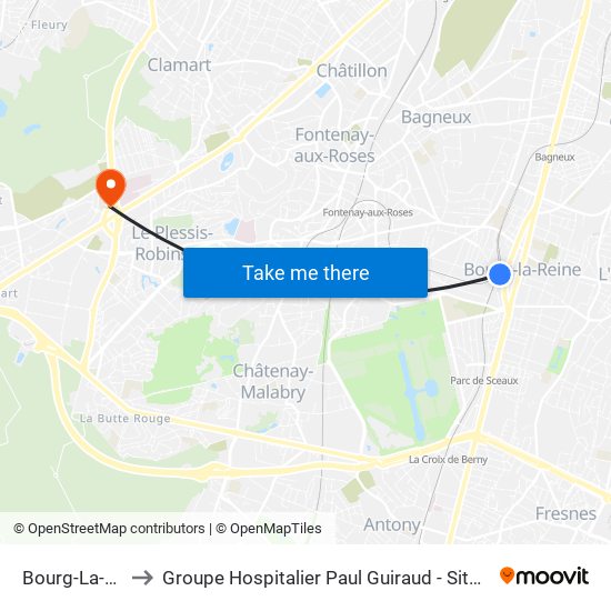Bourg-La-Reine to Groupe Hospitalier Paul Guiraud - Site de Clamart map