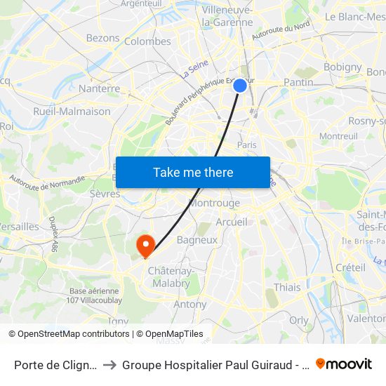 Porte de Clignancourt to Groupe Hospitalier Paul Guiraud - Site de Clamart map