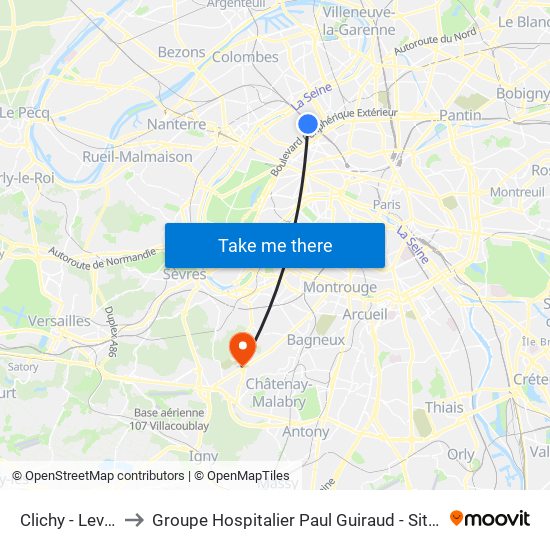 Clichy - Levallois to Groupe Hospitalier Paul Guiraud - Site de Clamart map