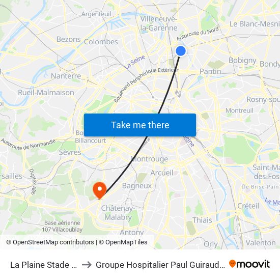 La Plaine Stade de France to Groupe Hospitalier Paul Guiraud - Site de Clamart map