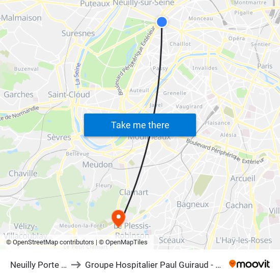 Neuilly Porte Maillot to Groupe Hospitalier Paul Guiraud - Site de Clamart map