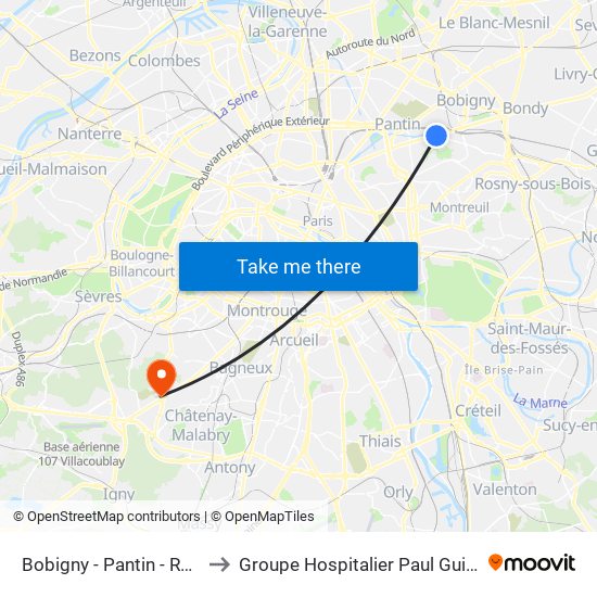 Bobigny - Pantin - Raymond Queneau to Groupe Hospitalier Paul Guiraud - Site de Clamart map