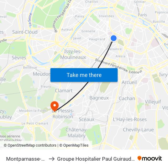 Montparnasse-Bienvenue to Groupe Hospitalier Paul Guiraud - Site de Clamart map