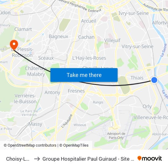 Choisy-Le-Roi to Groupe Hospitalier Paul Guiraud - Site de Clamart map