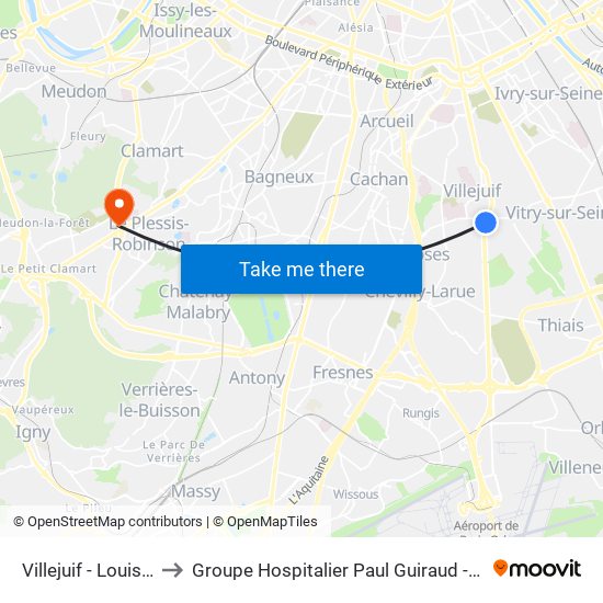 Villejuif - Louis Aragon to Groupe Hospitalier Paul Guiraud - Site de Clamart map