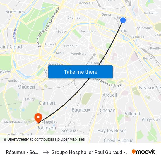Réaumur - Sébastopol to Groupe Hospitalier Paul Guiraud - Site de Clamart map