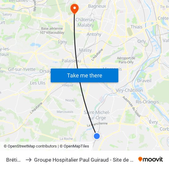 Brétigny to Groupe Hospitalier Paul Guiraud - Site de Clamart map