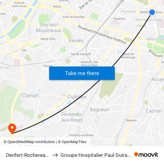 Denfert-Rochereau - Métro-Rer to Groupe Hospitalier Paul Guiraud - Site de Clamart map