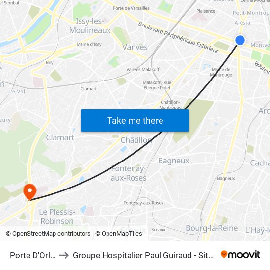 Porte D'Orléans to Groupe Hospitalier Paul Guiraud - Site de Clamart map
