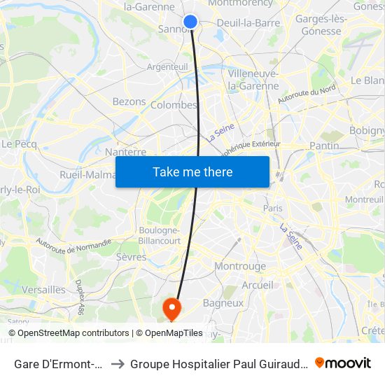 Gare D'Ermont-Eaubonne to Groupe Hospitalier Paul Guiraud - Site de Clamart map