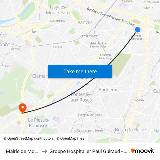 Mairie de Montrouge to Groupe Hospitalier Paul Guiraud - Site de Clamart map