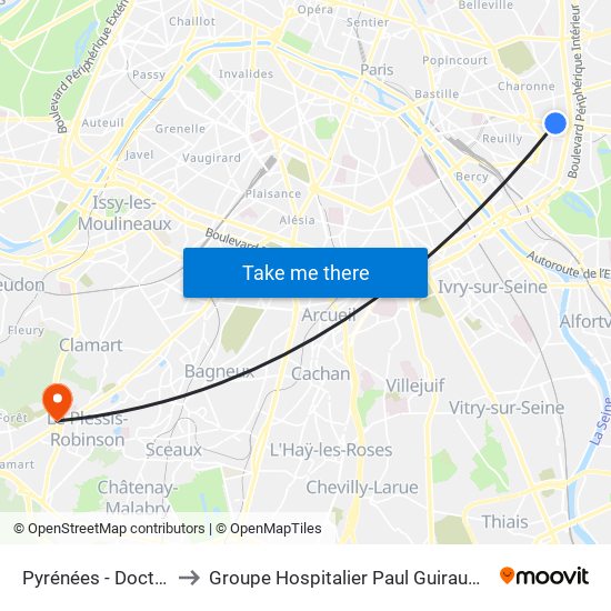 Pyrénées - Docteur Netter to Groupe Hospitalier Paul Guiraud - Site de Clamart map