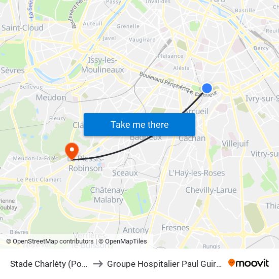 Stade Charléty (Porte de Gentilly) to Groupe Hospitalier Paul Guiraud - Site de Clamart map