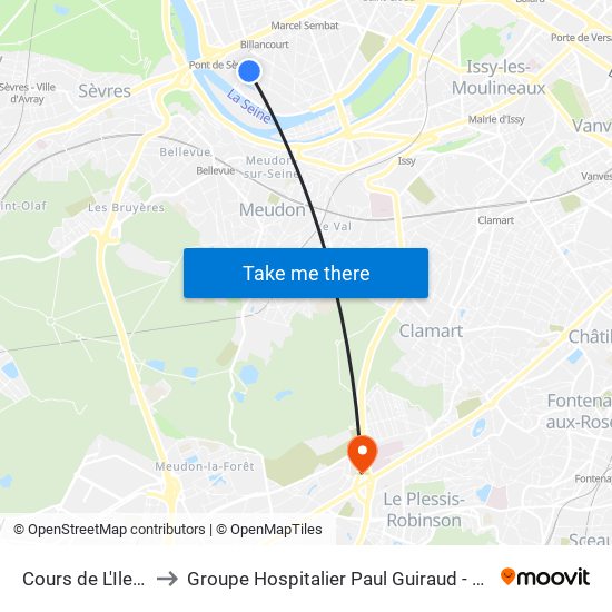Cours de L'Ile Seguin to Groupe Hospitalier Paul Guiraud - Site de Clamart map