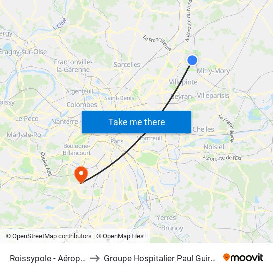 Roissypole - Aéroport Cdg1 (G1) to Groupe Hospitalier Paul Guiraud - Site de Clamart map