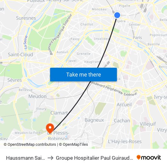 Haussmann Saint-Lazare to Groupe Hospitalier Paul Guiraud - Site de Clamart map