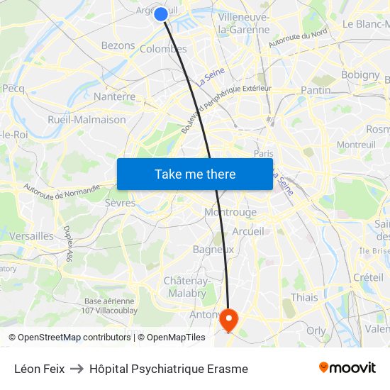 Léon Feix to Hôpital Psychiatrique Erasme map