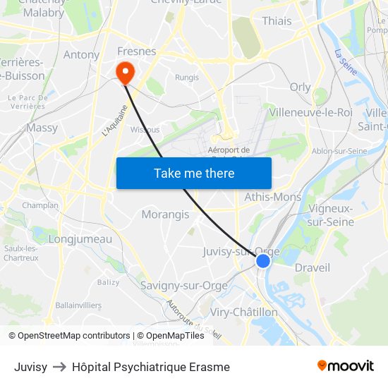 Juvisy to Hôpital Psychiatrique Erasme map