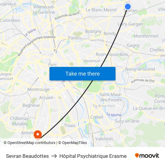 Sevran Beaudottes to Hôpital Psychiatrique Erasme map