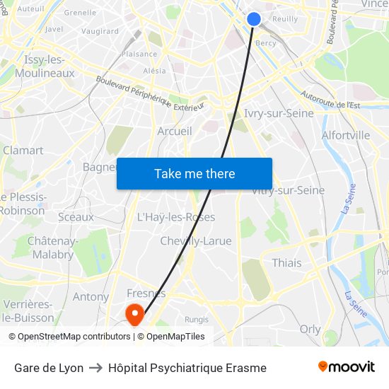 Gare de Lyon to Hôpital Psychiatrique Erasme map