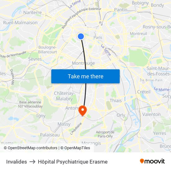 Invalides to Hôpital Psychiatrique Erasme map