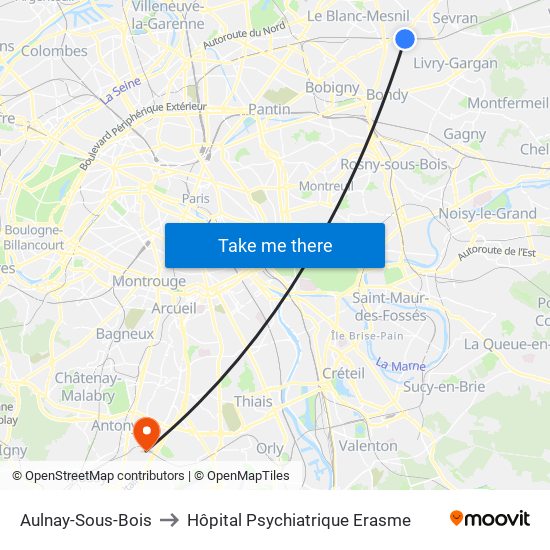 Aulnay-Sous-Bois to Hôpital Psychiatrique Erasme map