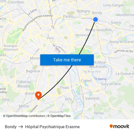 Bondy to Hôpital Psychiatrique Erasme map