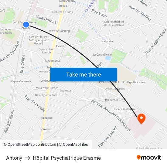 Antony to Hôpital Psychiatrique Erasme map