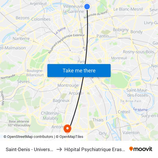 Saint-Denis - Université to Hôpital Psychiatrique Erasme map