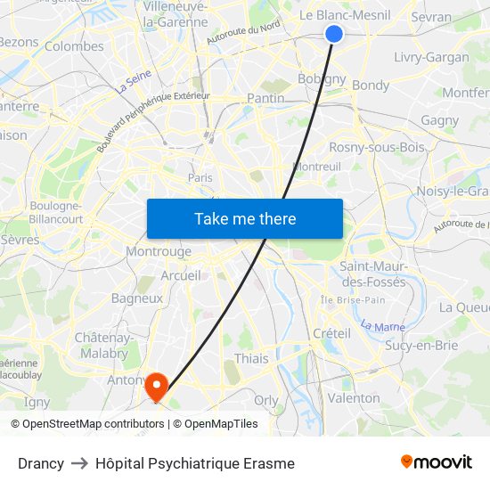 Drancy to Hôpital Psychiatrique Erasme map