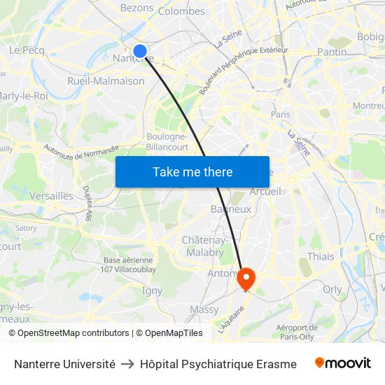 Nanterre Université to Hôpital Psychiatrique Erasme map