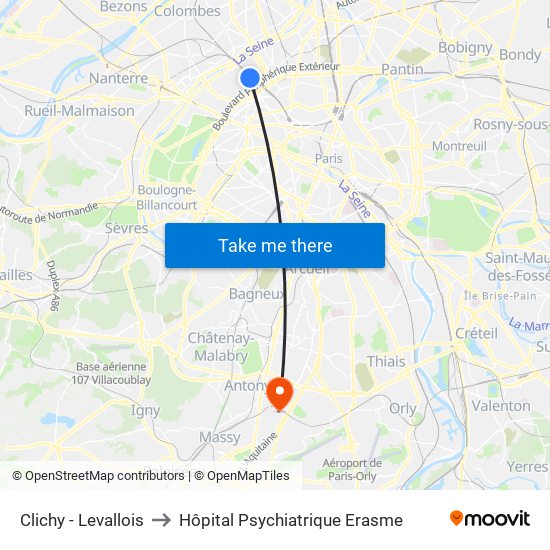 Clichy - Levallois to Hôpital Psychiatrique Erasme map