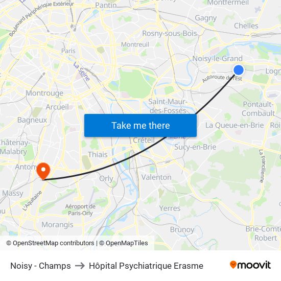 Noisy - Champs to Hôpital Psychiatrique Erasme map