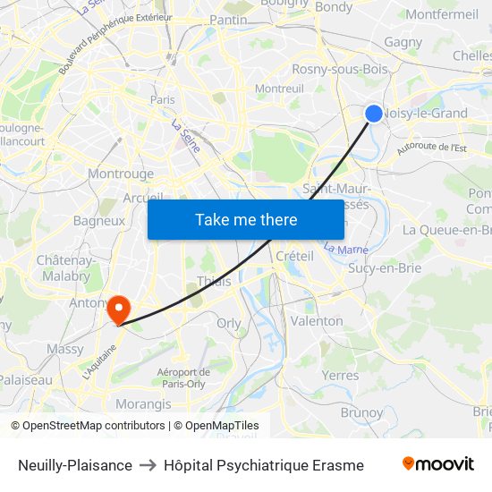 Neuilly-Plaisance to Hôpital Psychiatrique Erasme map
