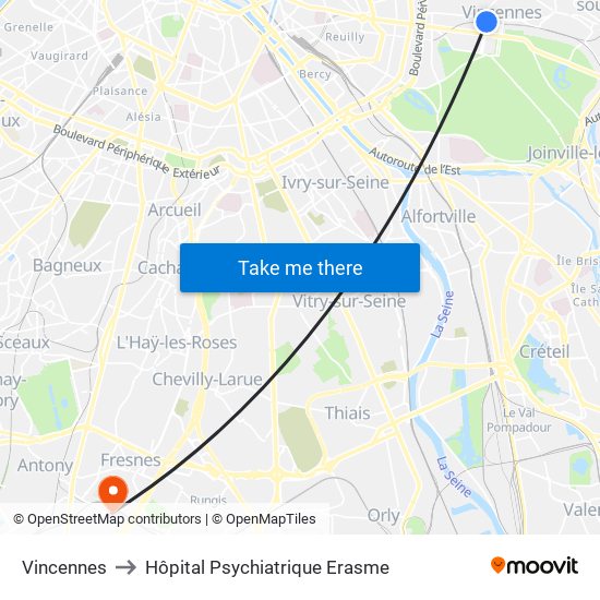 Vincennes to Hôpital Psychiatrique Erasme map