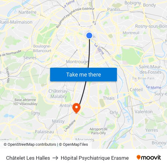 Châtelet Les Halles to Hôpital Psychiatrique Erasme map