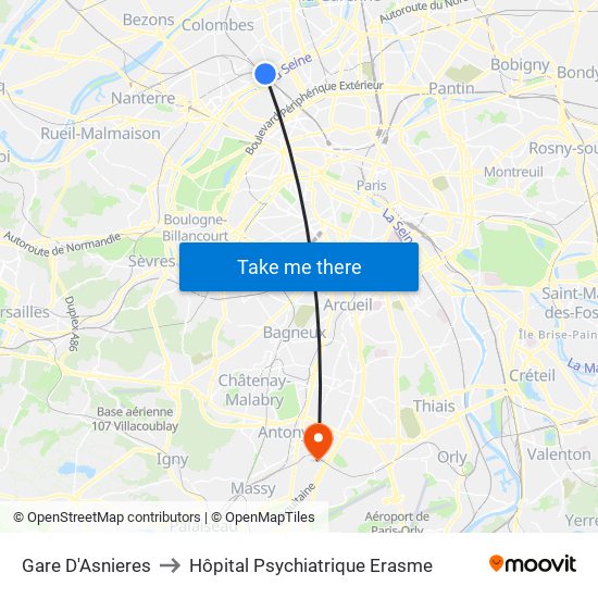 Gare D'Asnieres to Hôpital Psychiatrique Erasme map