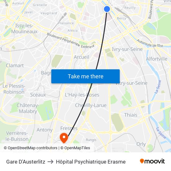 Gare D'Austerlitz to Hôpital Psychiatrique Erasme map
