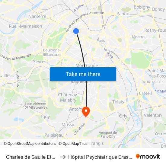 Charles de Gaulle Etoile to Hôpital Psychiatrique Erasme map