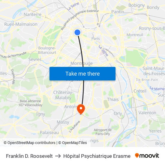 Franklin D. Roosevelt to Hôpital Psychiatrique Erasme map
