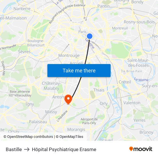 Bastille to Hôpital Psychiatrique Erasme map