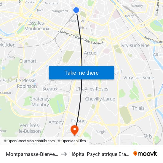 Montparnasse-Bienvenue to Hôpital Psychiatrique Erasme map