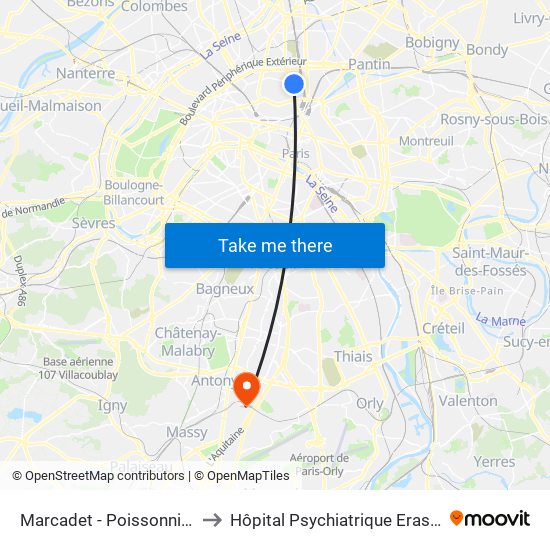 Marcadet - Poissonniers to Hôpital Psychiatrique Erasme map