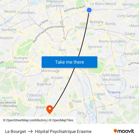 Le Bourget to Hôpital Psychiatrique Erasme map