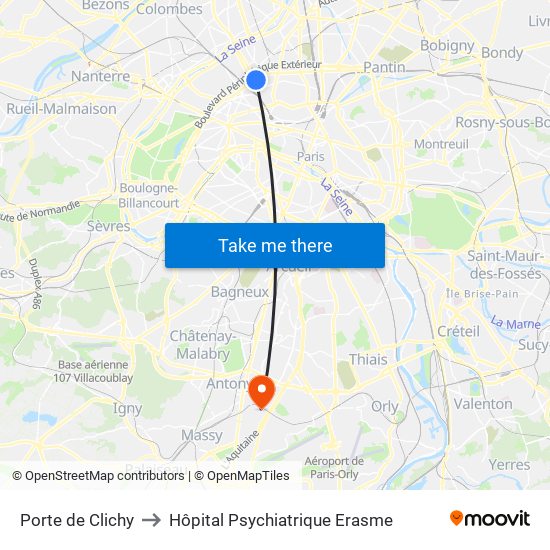 Porte de Clichy to Hôpital Psychiatrique Erasme map
