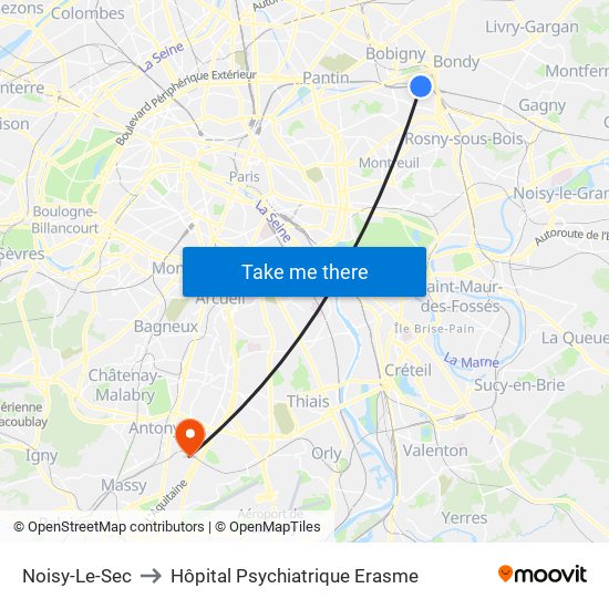 Noisy-Le-Sec to Hôpital Psychiatrique Erasme map