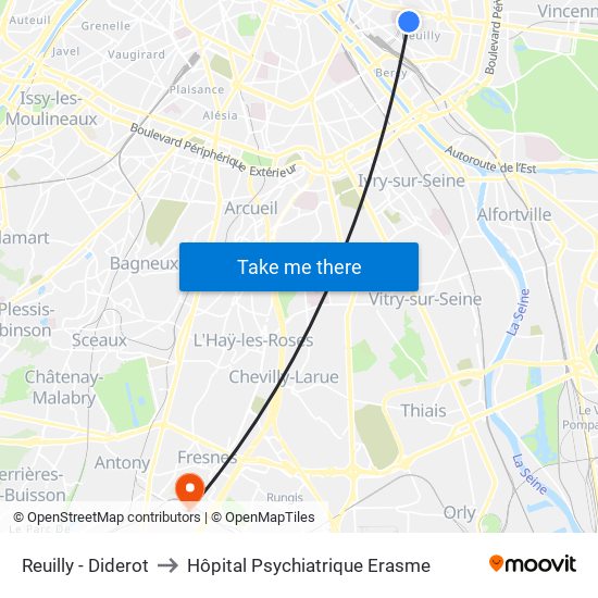 Reuilly - Diderot to Hôpital Psychiatrique Erasme map