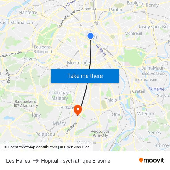 Les Halles to Hôpital Psychiatrique Erasme map