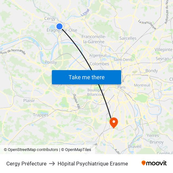 Cergy Préfecture to Hôpital Psychiatrique Erasme map