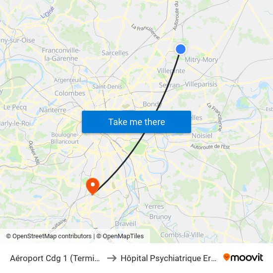 Aéroport Cdg 1 (Terminal 3) to Hôpital Psychiatrique Erasme map